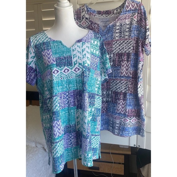 Woman Within Tops - 2 Woman Within 14 16 M Cotton Blend Short Sleeve Top Tunic T Shirt Teal Purple